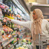 Woman in headscarf reaches for a grocery item at a supermarket while young girl sitting in cart watches.